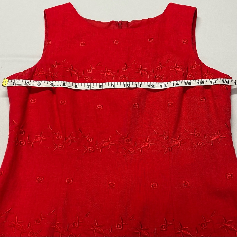 Vintage Linen Blend Midi Dress Sz 12 Sleeveless Floral Embroidery Romantic Red - Picture 8 of 11